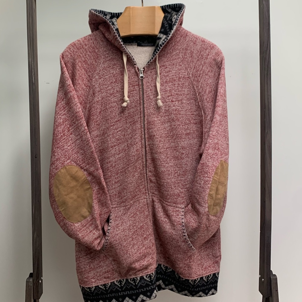 Large size red zip up hoodie with tan elbow patch